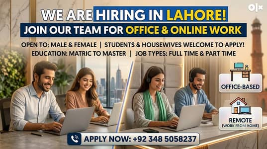 *OLX title* Office & Online Work Jobs Available – Male/Female (Lahore)