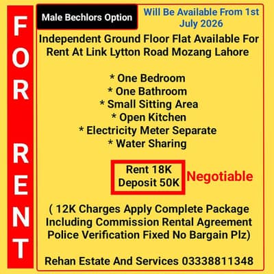 Bechlor Flat For Rent Near Janazgah Metro Station LAHORE