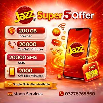 1 Jazz Number Rs 1500 | 200 Gb Net | 20000 Minutes| 20000 Sms
