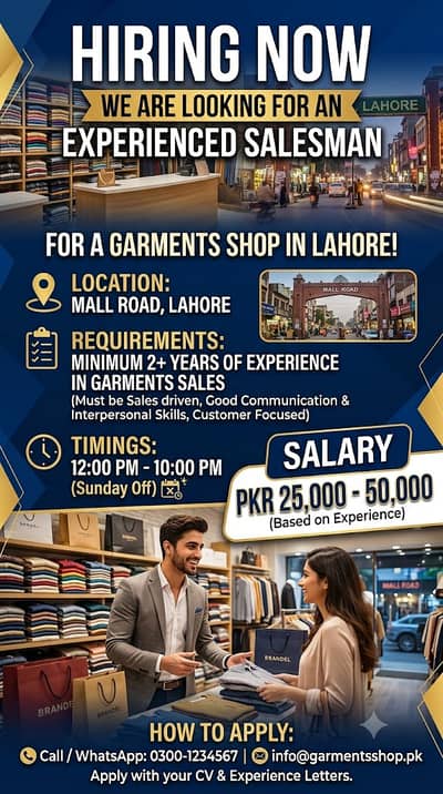 SALESMAN JOB AT DULHA HOUSE LAHORE