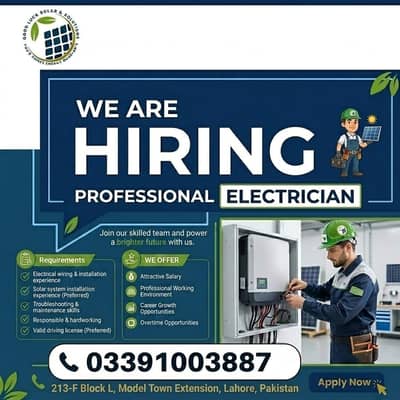Professional Electrician Required – Solar Installation Expert | Lahore