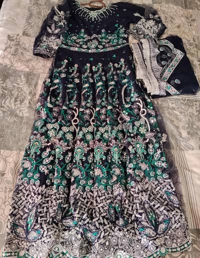 Baroque Navy Blue Embroidered Net Maxi Wedding Party Wear Like New