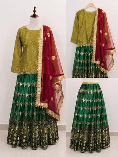 Stylish Olive Green & Emerald Mehndi Lehenga Choli (New Condition)
