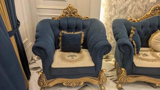 Luxury Royal Blue & Gold Wooden Sofa Set | Premium Velvet | Excellent