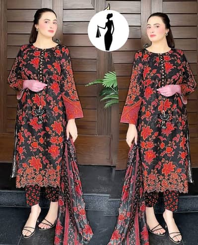 3-Piece Swiss Lawn Floral Suit – Red & Black  Price: Rs. 5,600
