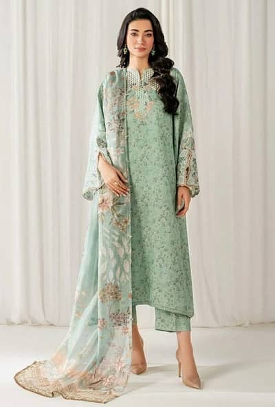 lawn 3 piece mint green embroidered suit