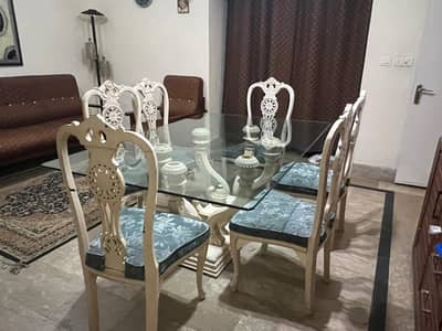 Luxury 6 Seater Glass Top Dining Table Set | Elegant Wooden Dining Set