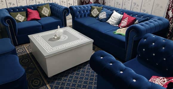 6 seater sofa set with 2 royal chairs ,center table  and carpet