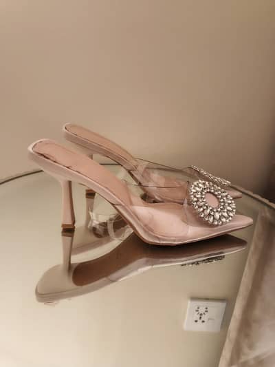 Cucoo Nude Clear Heels with Rhinestone Buckle