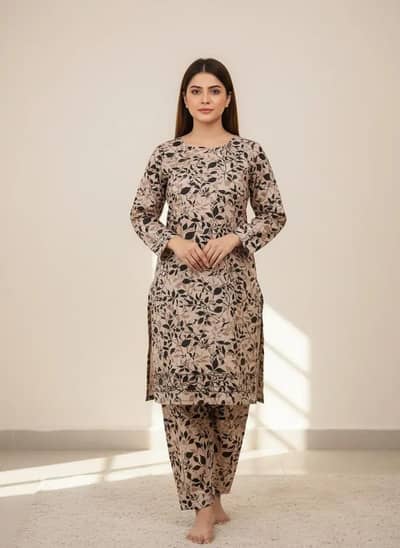 woman printed 2 pcs suit brown polo cotton