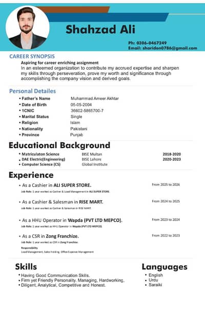 Job Wanted As a cashier or sales man