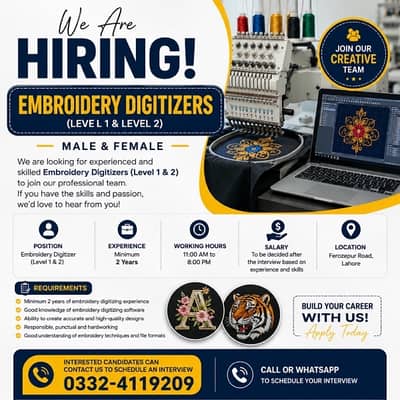 Embroidery Staff Required (Male & Female) – Lahore Ferozepur Road