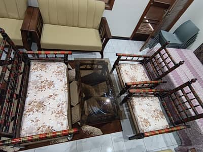 4 Piece Wooden Sofa Set with Center Table – Good Condition.