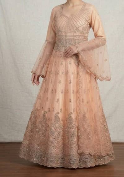 Fancy 3 Piece Heavy Embroidered Peach Maxi