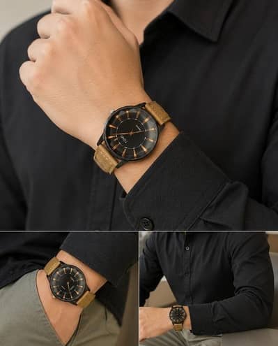 Tomi premium Black Dial Quartz Watch with Tan leather strap