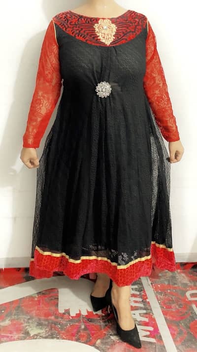 Black & Red Net Embroidered Frock - Party Wear Dress [Size L/XL]