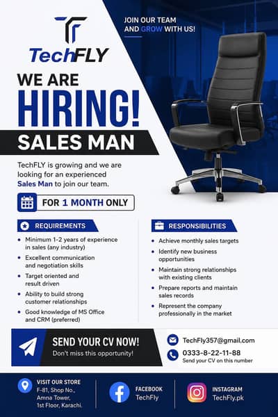 Experienced Salesman Required – TechFly Karachi | sallary 35k