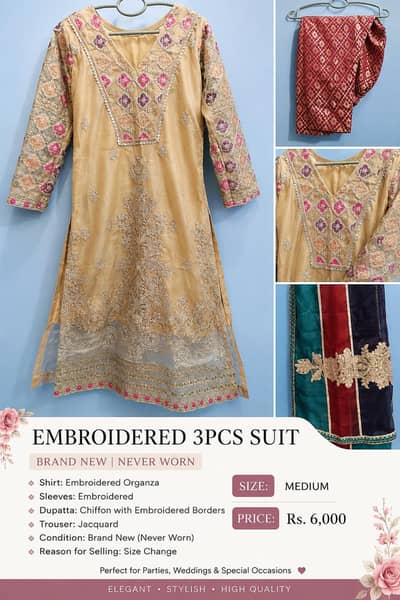 Brand New 3 Piece Embroidered Suit – Never Worn 