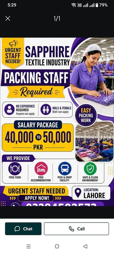 Need urgent staff in sapphire textile industry Male and female both i
