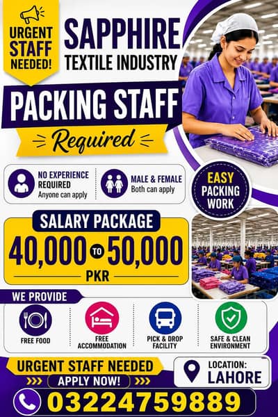 Need urgent staff in sapphire textile industry Male and female both i