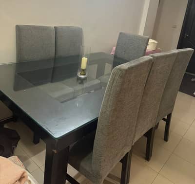 6 Chairs Wooden Dining Table with Thick Glass Top
