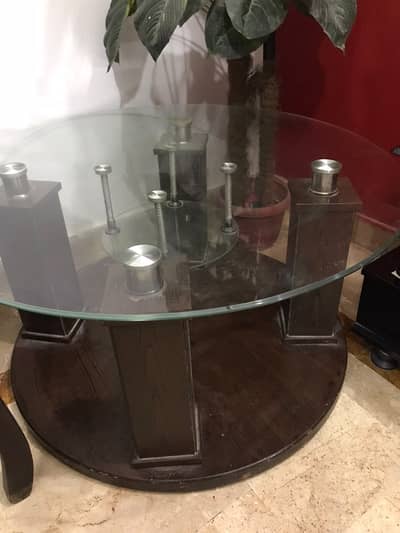 Round Glass Center Table | Solid Wooden Base