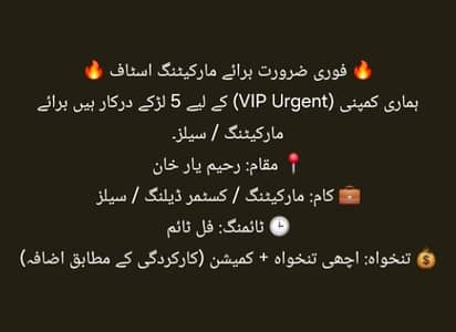  فوری ضرورت برائے مارکیٹنگ اسٹاف 