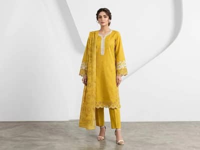 Mustard Embroidered 3Pcs Cotton Lawn Suit Set for women  4 in stock