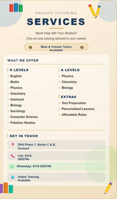Home tutoring and online tutoring available