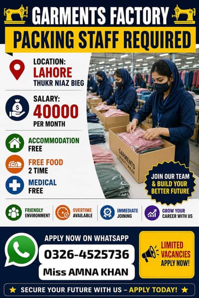 Need urgent staff required in sapphire textile factory