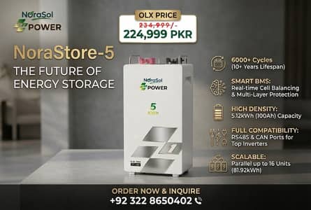 NoraSol 5.12kWh Lithium Battery ($\text{LiFePO}_4$) – Islamabad 