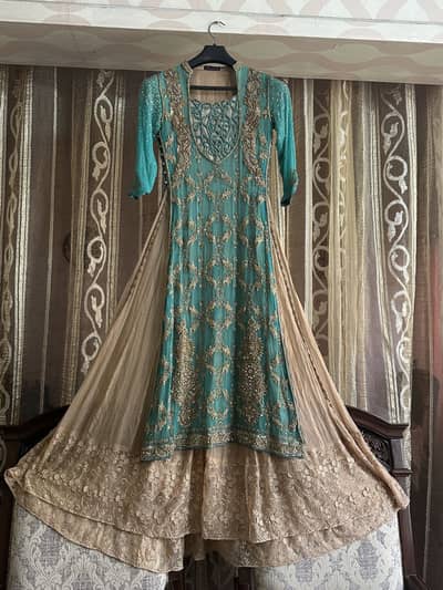 Elegant Aqua Blue & Beige Heavy Embroidered Maxi Dress.