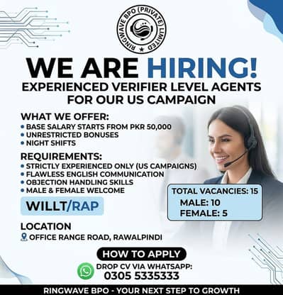Experienced Call Center Agents Required - US Campaign (Base 50K+)