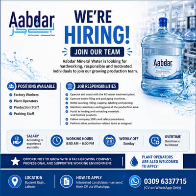 Factory Workers & Plant Operators Required for Mineral Water Plant