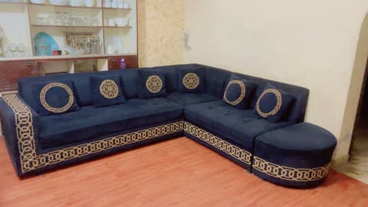 Premium Royal Blue L-Shape Sectional Sofa Set with Golden Embroidery