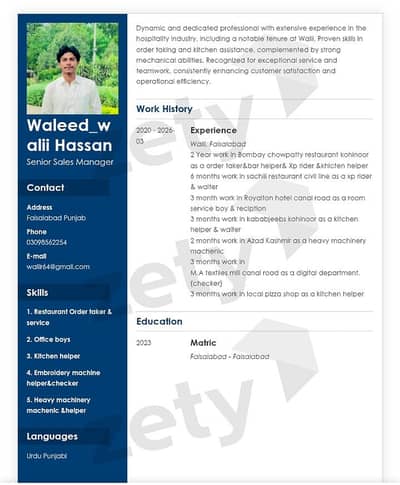 I need job in fsd check my CV 03098562254