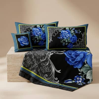 4Pc 3D Bedsheet Set – Blue Rose Design | Double Bed | Cotton Satin