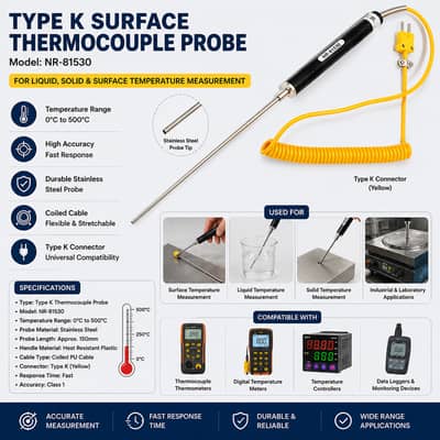 NR-81530 K Type Surface Thermocouple Probe 0°C to 500°C Temperature