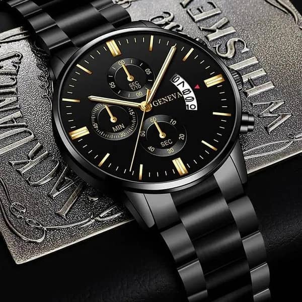 Fashion Men’s Black Stainless Steel Watch with Complete Calendar Quartz Movement