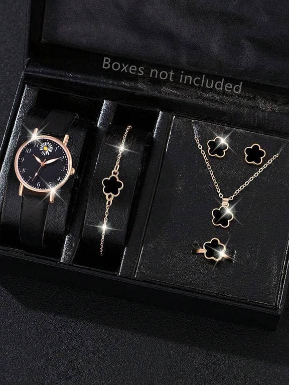 6-Piece Set: Womens Butterfly Watch with Leather Band – Casual Analog Wristwatch Gift (No Box)
