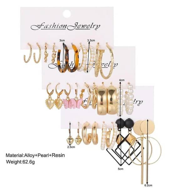 15Pcs Set Of Lady Earrings: Geometric Acrylic in Pink with Butterfly, Square, Faux Pearl, and Leopard Print (Gold-Tone)