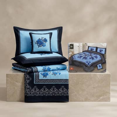 Crystal Cotton Double Bedsheet Set Blue Floral Print