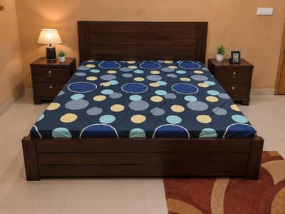 wooden bed with two side tables