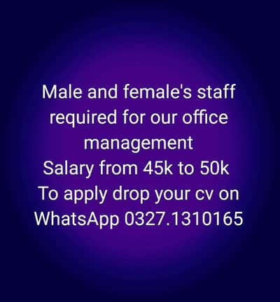 Staff hiring (male&female) for office.