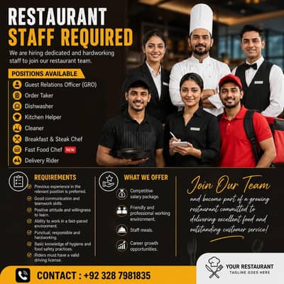 GRO ,Dishwasher , Fast Food Chef , Rider (Restaurant Jobs)