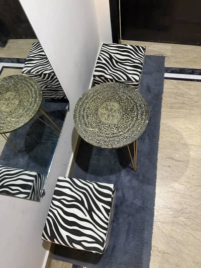 Corner Table Set with 2 Zebra Stools and Rug