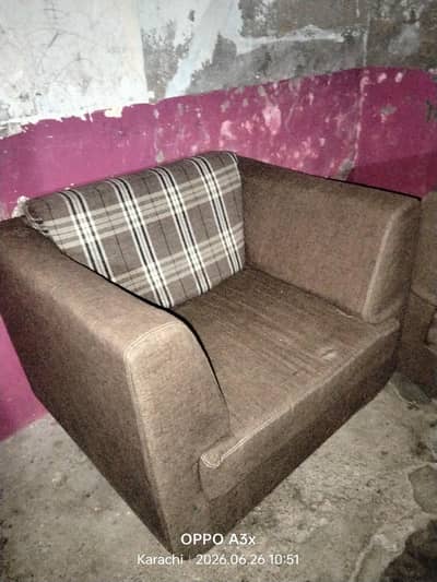 5 Seater Fabric Sofa Set, Brown, 3+2, Good Condition`