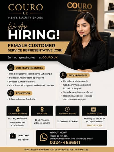  Female Customer Service Representative (CSR) Required – COURO UK