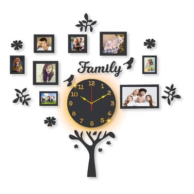 family tree wall clock with back light and photos frame