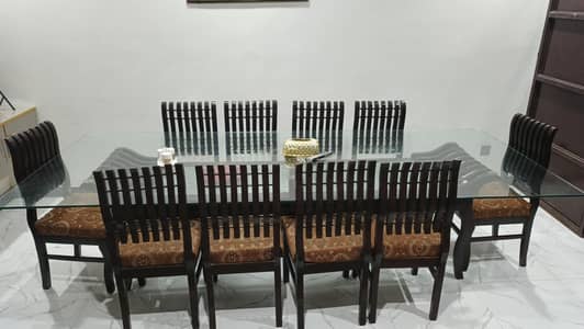 shisham wood dying table with 12mm glass 10*4 feet with 10 chairs